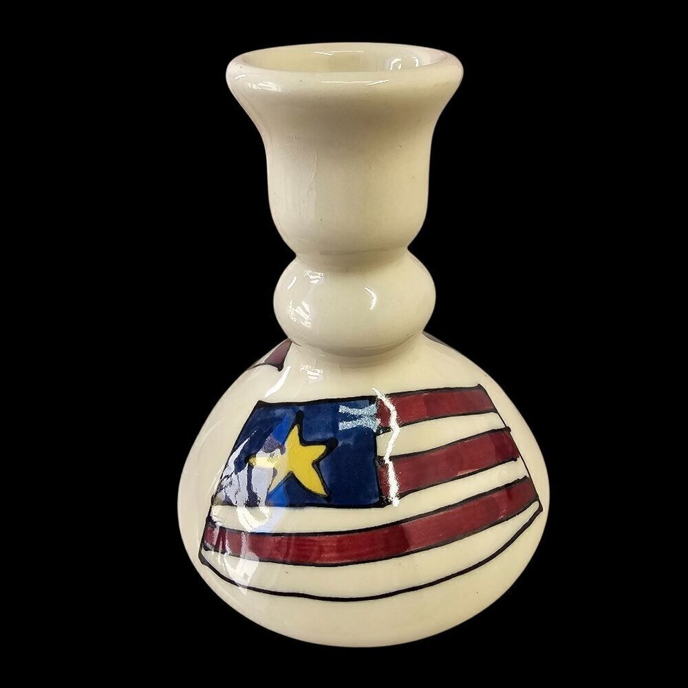 Artist Signed Hand-Painted Ceramic American Flag Candle Holder Vintage